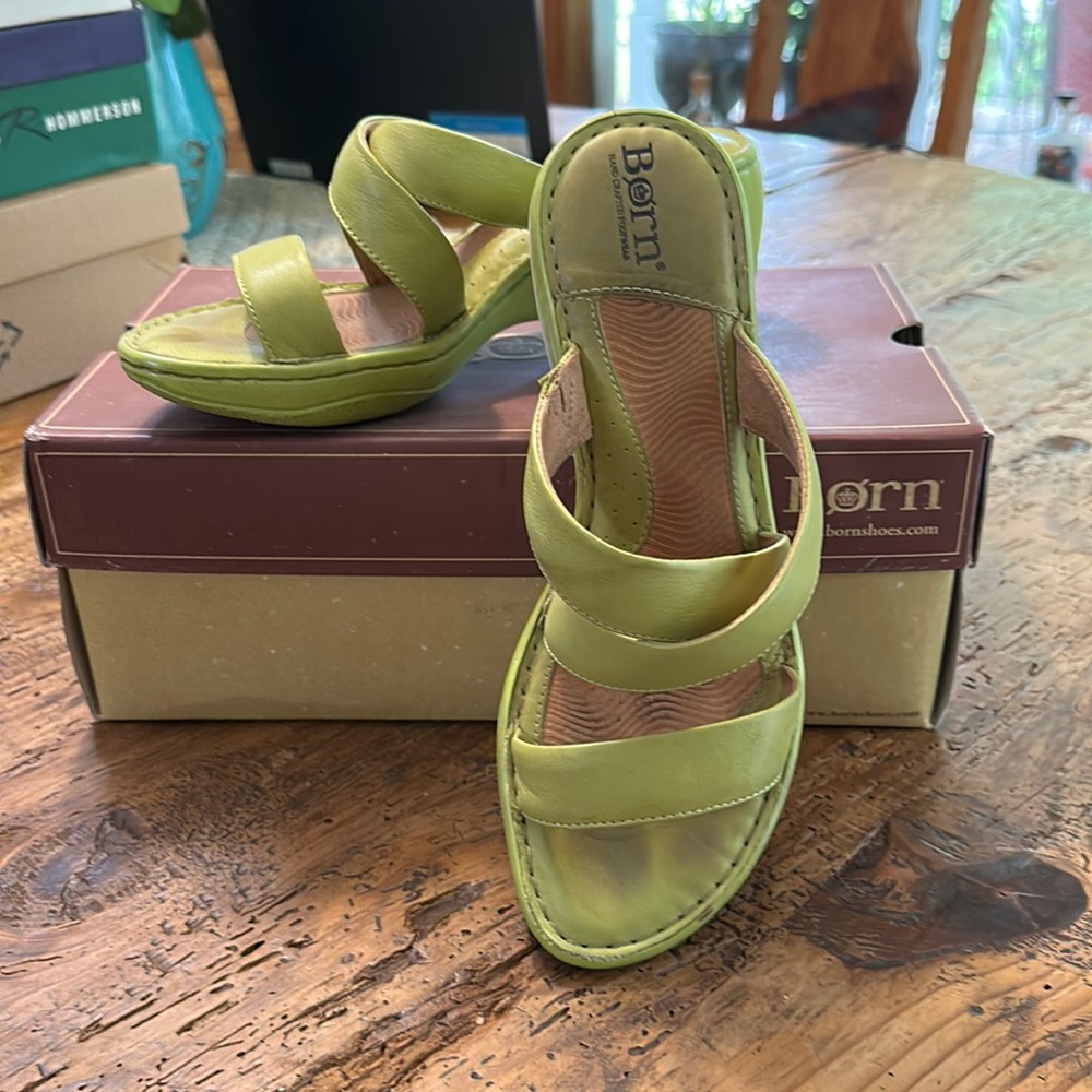 Lime green Born heeled sandals.